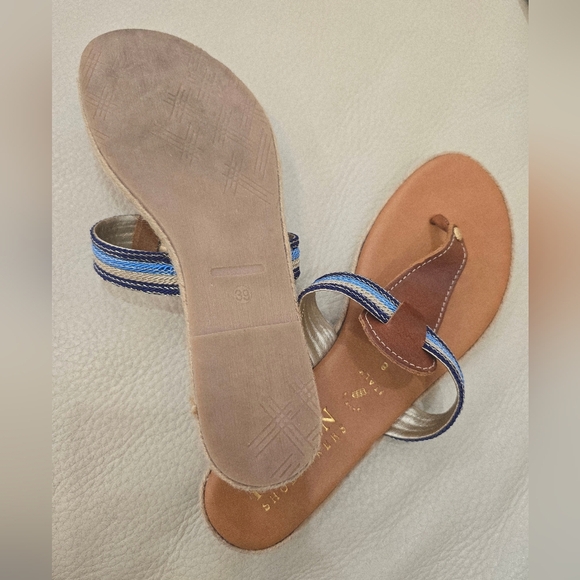 Italian Shoemakers Brown Blue Thong Sandals Leather Flats Size 8 - Picture 4 of 5